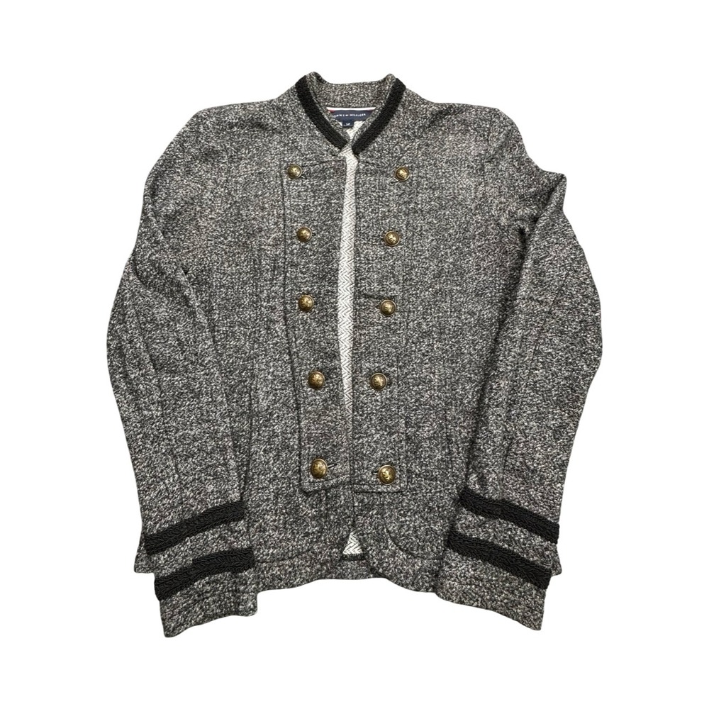 Tommy Hilfiger Jacket Womens S Gray Military Knit Gold Crest Button Herringbone
